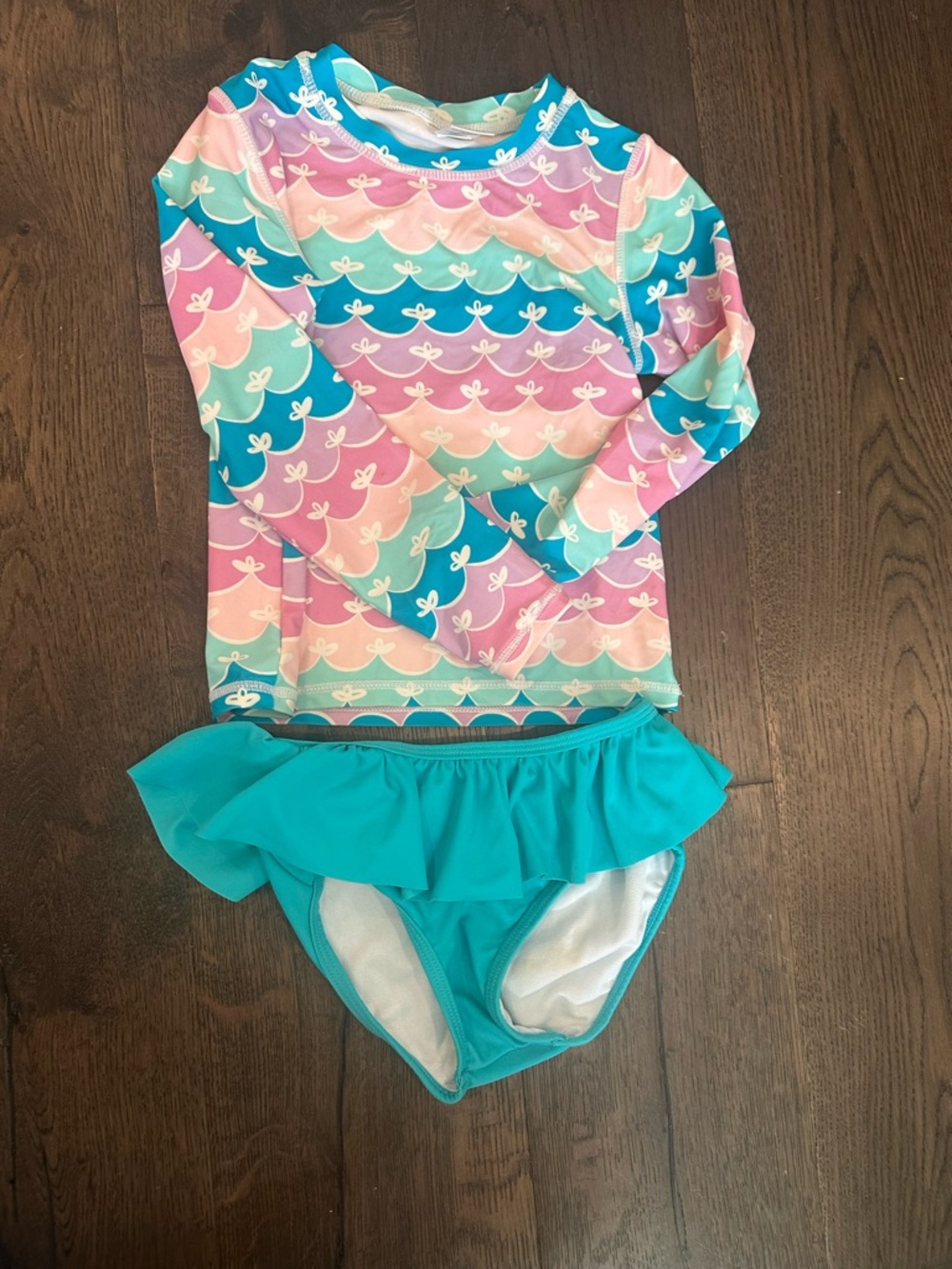 Ruffle Butts Turquoise Pink Multi Mermaid-Scale Rashguard Set